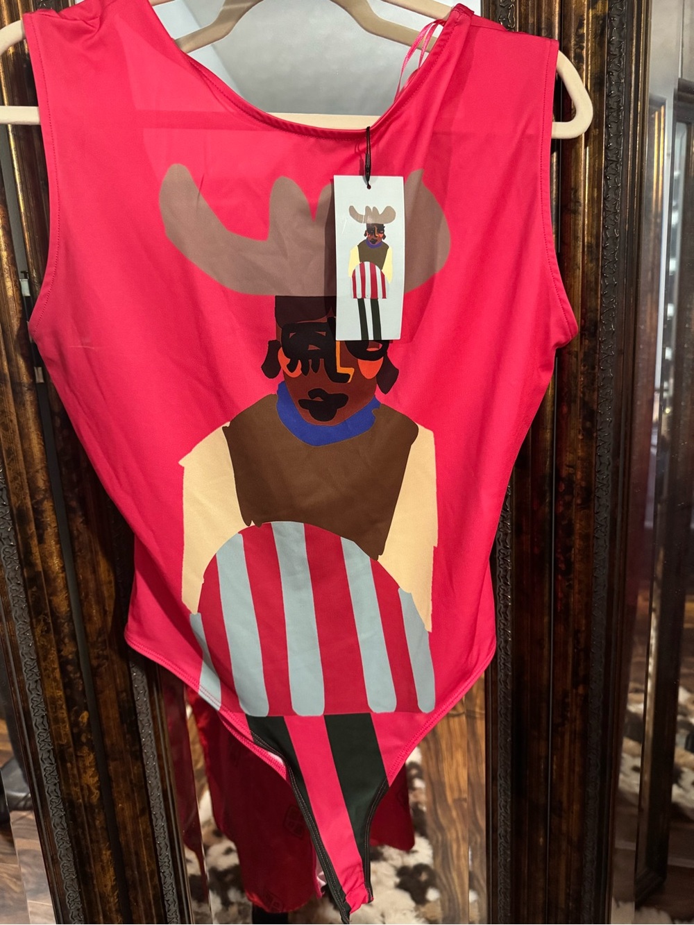 Zara Justine Franco Bold Graphic Red Tank Bodysuit with Colorful Illustration